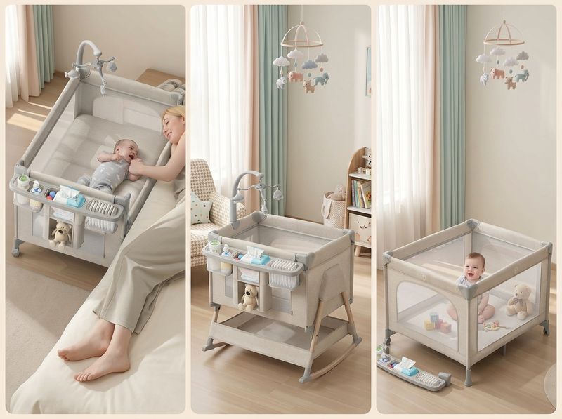 Newborn in raised TinyGlow bassinet deck and an 8-month-old in the same frame at floor-level pack-and-play depth
