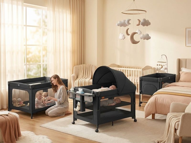 Parent reaching from the adult bed across the dropped zipper panel into the TinyGlow bassinet during a low-light 3 a.m. feed