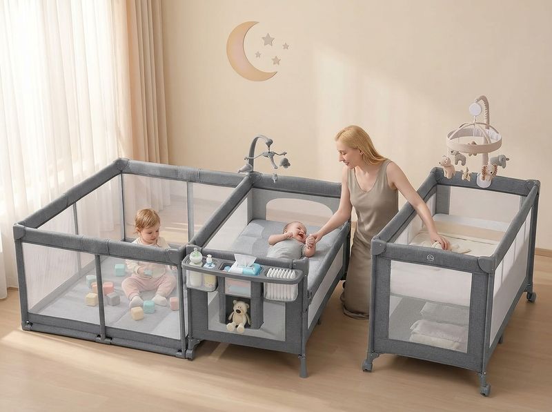 Open-floor-plan home with TinyGlow playard visible through the kitchen doorway, baby asleep, mesh sides showing through-frame airflow